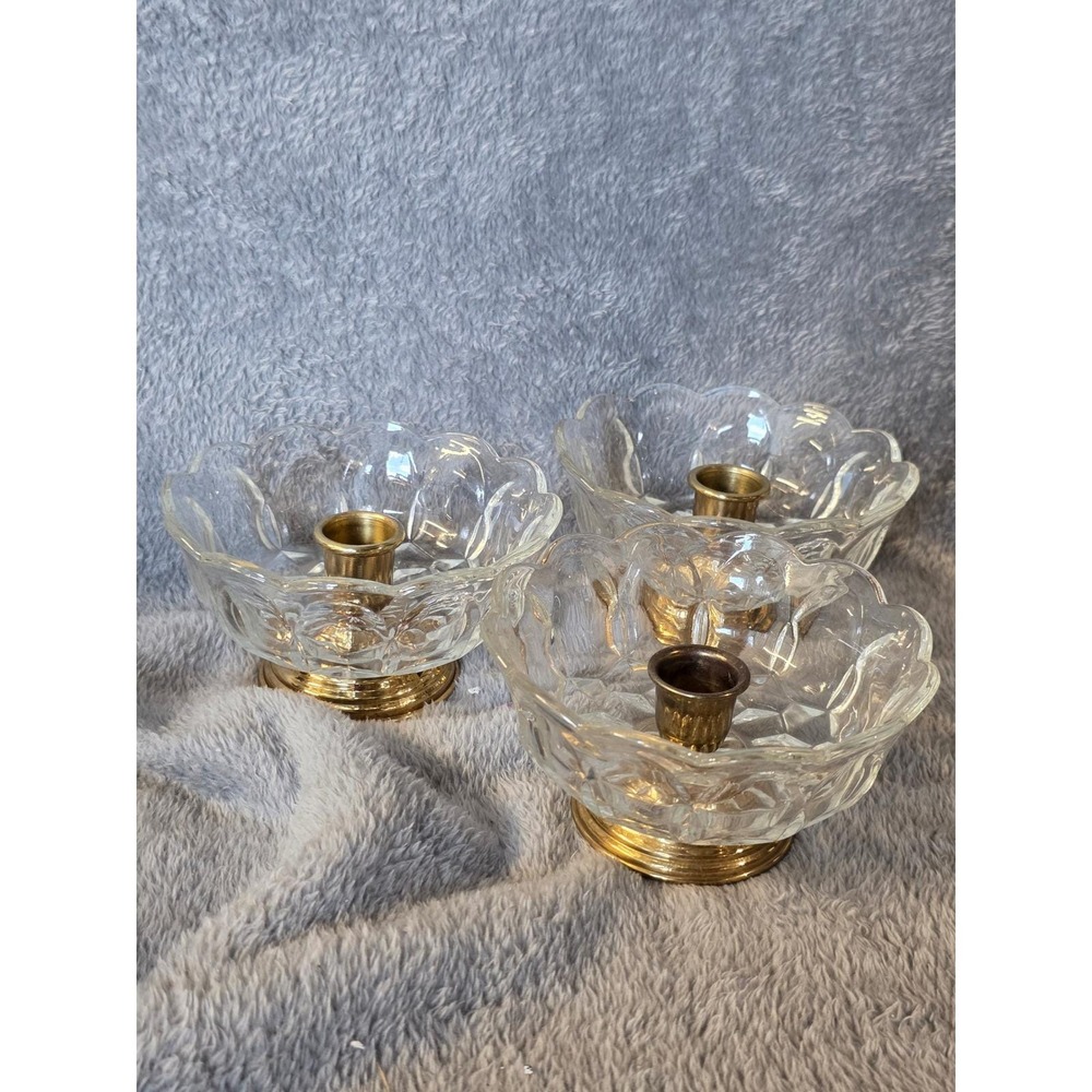 Vintage Scalloped Clear Glass and Brass Taper Candle Holders Set of 3